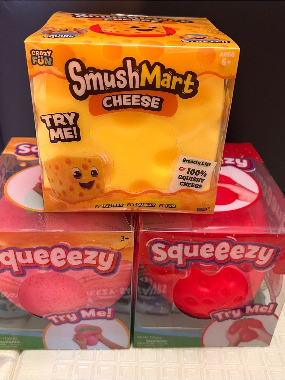 VIRAL SQUISHY TOY LOT OF 3 - CHEESE, STRAWBERRY & PEACH NWT